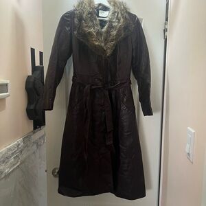 Women's burgundy Brown genuine leather  coat with real Fur Collar